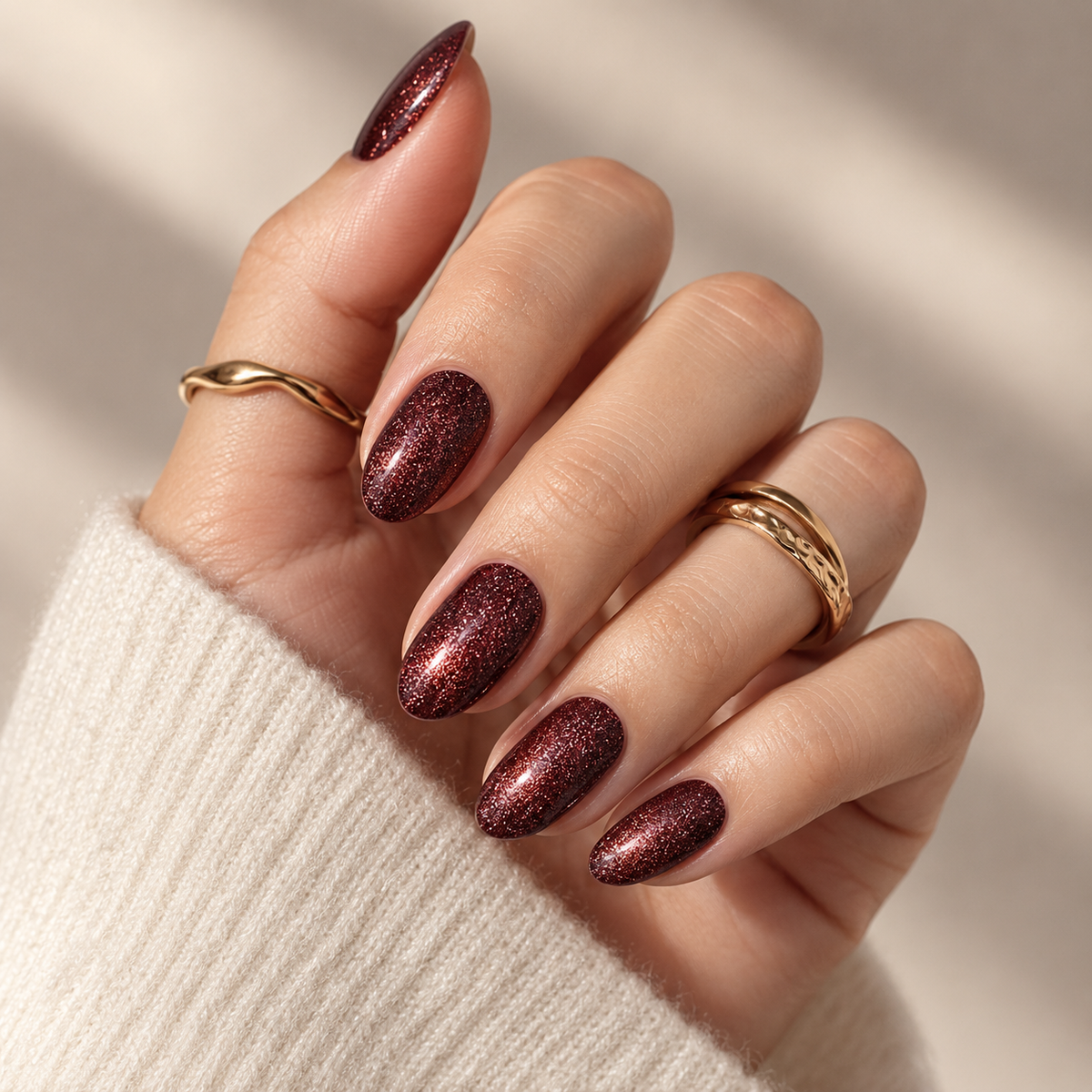 Deep red-brown shimmer semi-cured gel nail wraps on almond-shaped nails