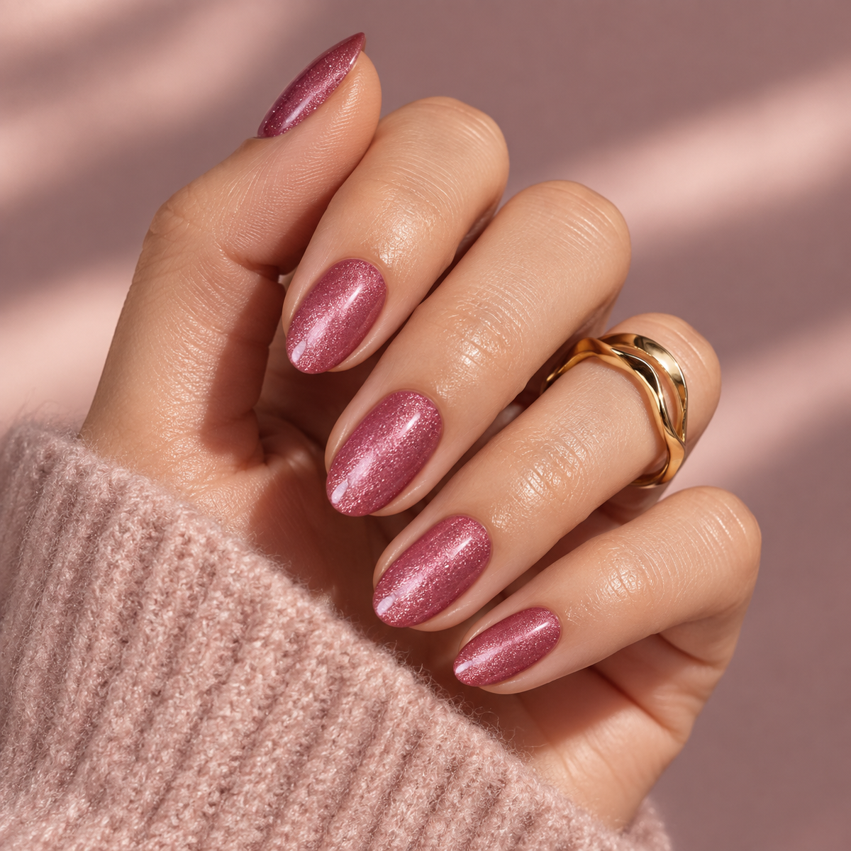Rose pink shimmer semi-cured gel nail wraps on almond-shaped nails, glossy finish.