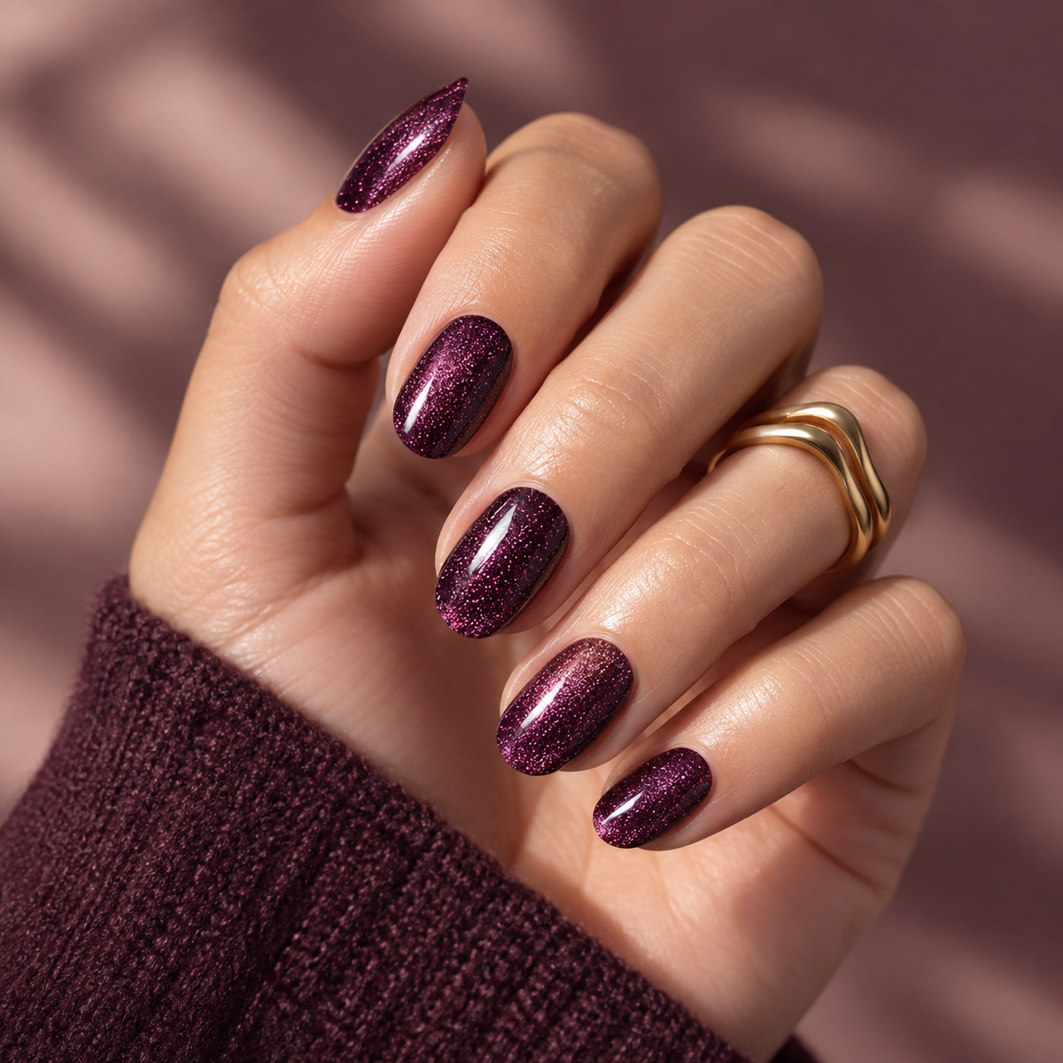 Deep plum shimmer semi-cured gel nail wraps on short round nails, glossy finish.