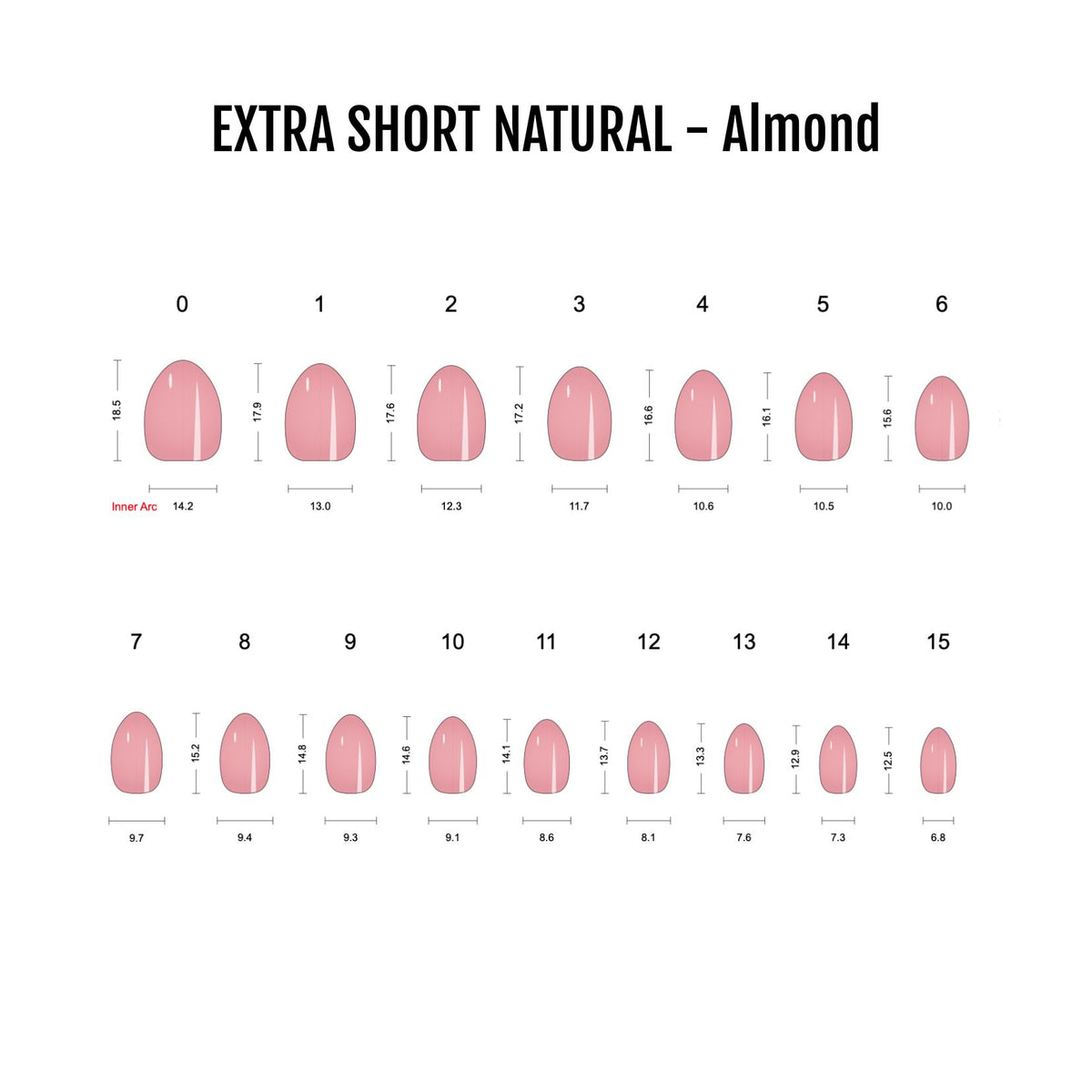Size chart for extra short natural almond-shape press-on nails, sheer pink, sizes 0-15.