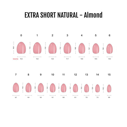Size chart for extra short natural almond-shape press-on nails, sheer pink, sizes 0-15.