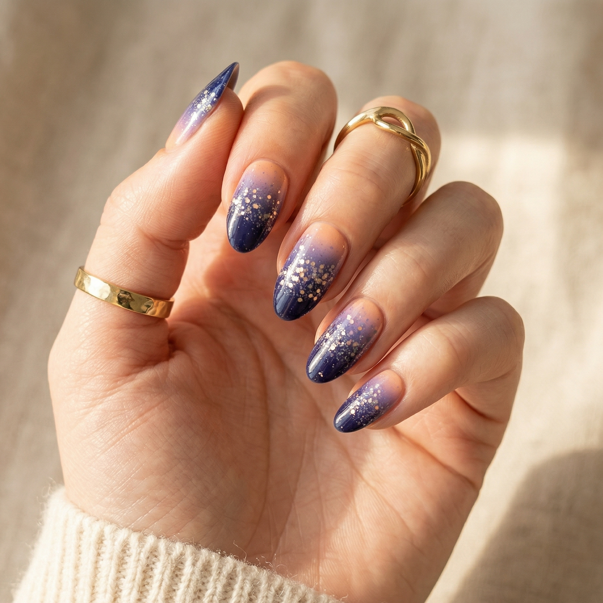 Navy to nude ombré nail wraps with gold glitter speckles, almond shape