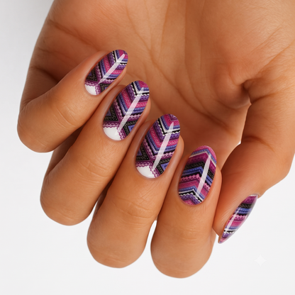 Holy Classics nail wraps, purple and pink tribal chevron pattern on glossy nails