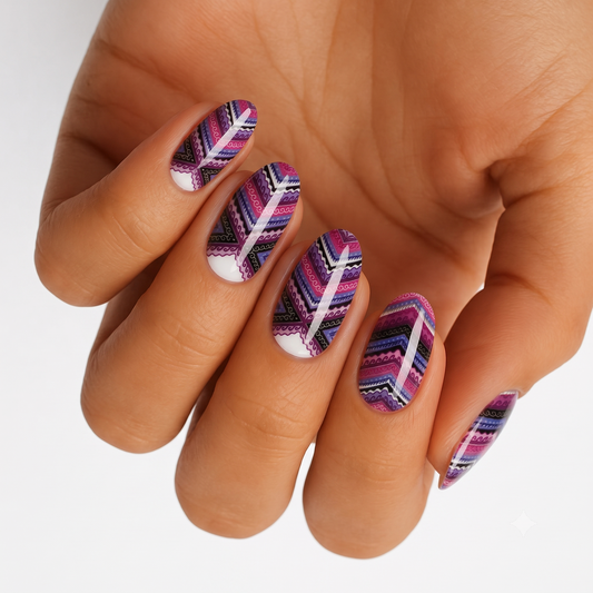 Holy Classics nail wraps, purple and pink tribal chevron pattern on glossy nails