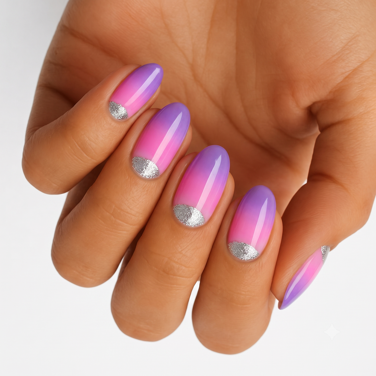 Pink-to-purple ombré nail wraps with glossy finish and silver glitter half-moon cuticle accent