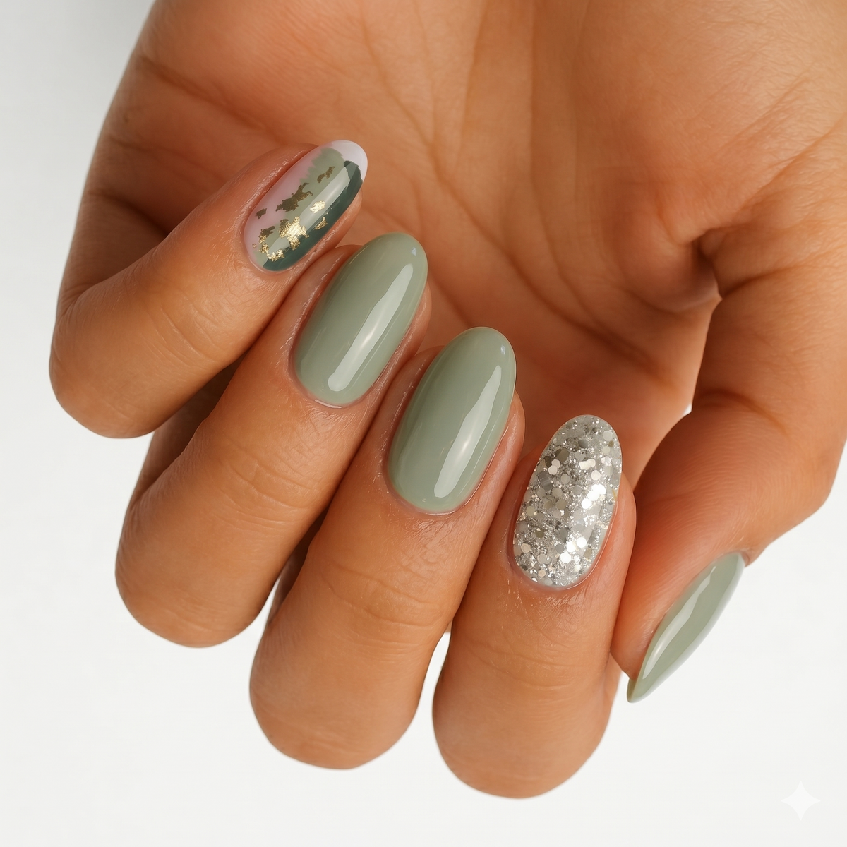 Sage green nail wraps with silver glitter accent nail and gold fleck french tip design
