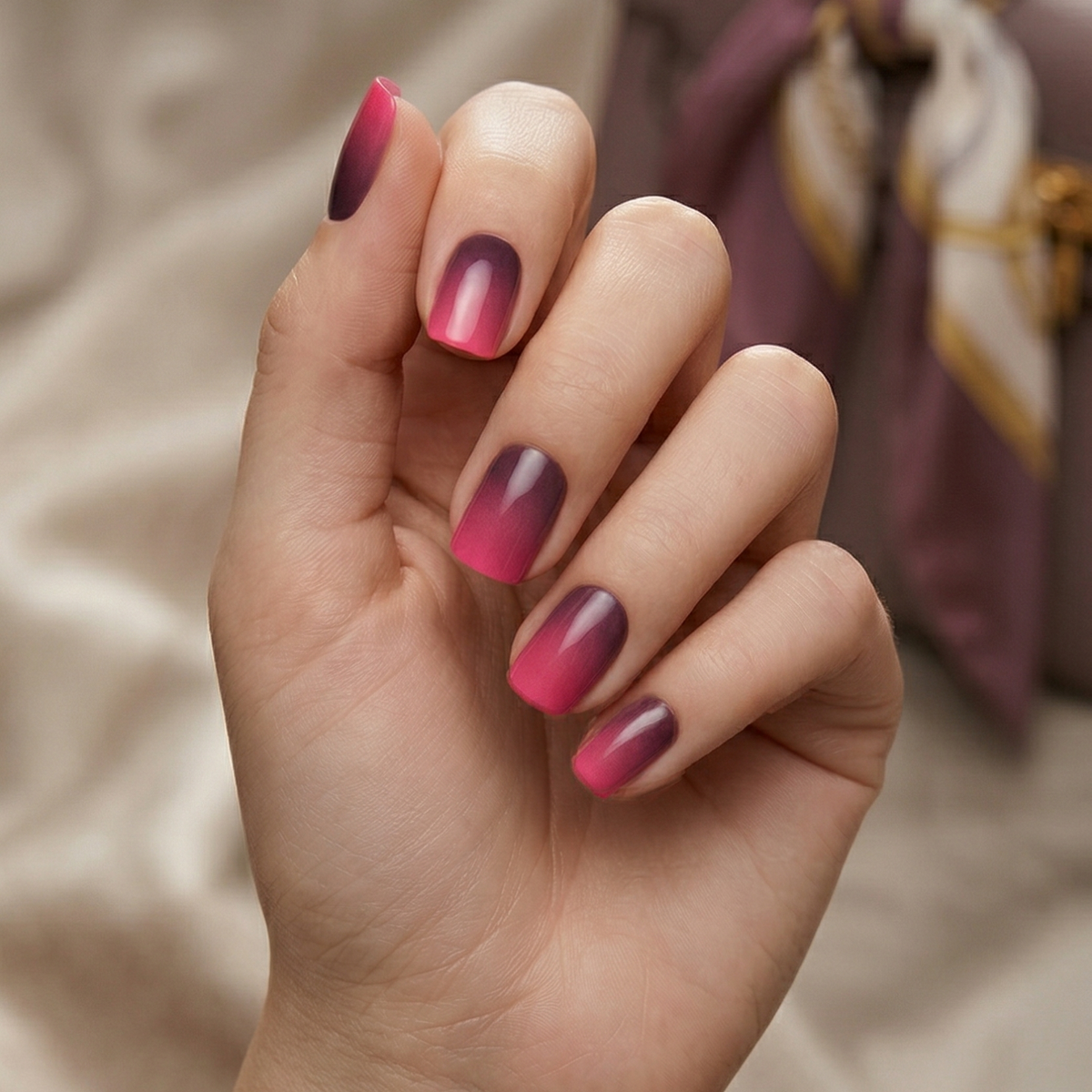 Alternating pink and burgundy ombre gel nails on hand displaying gradient nail art