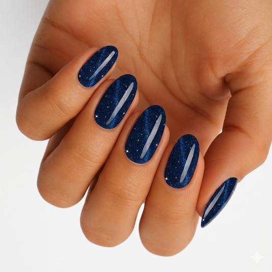 Navy blue nail wraps with shimmering cat-eye finish and scattered star accents