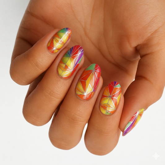 Multicolor stained-glass geometric nail wraps with silver crackline detail on almond nails