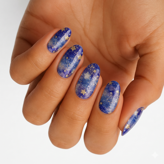 Blue galaxy nail wraps with gold star and glitter accents on almond nails