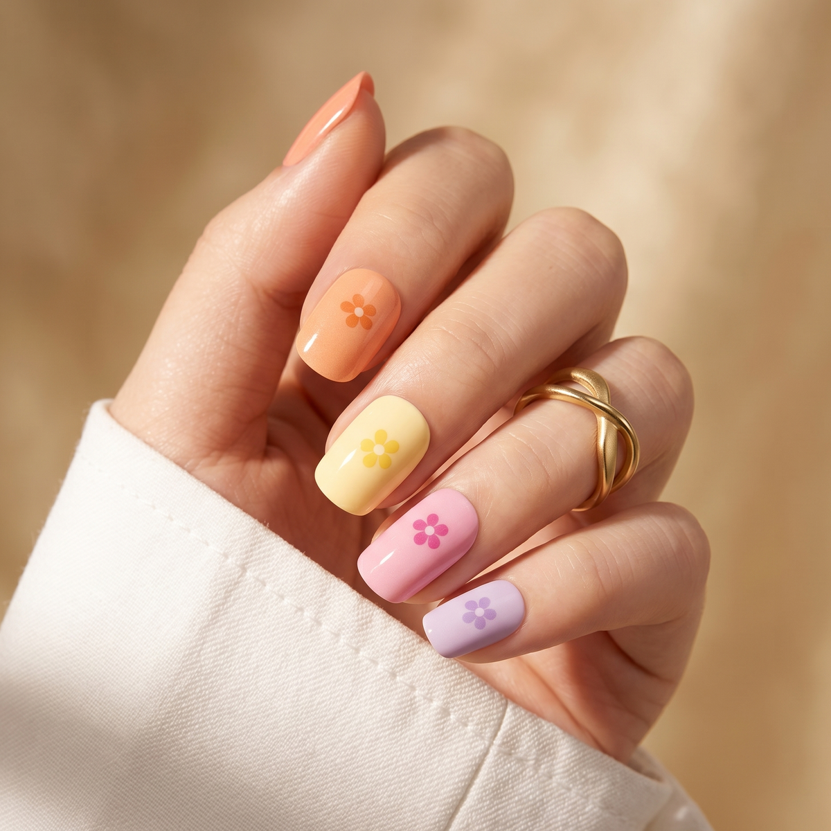 Glossy semi-cured gel nail wraps in orange, yellow, pink, lilac with tonal daisy accents