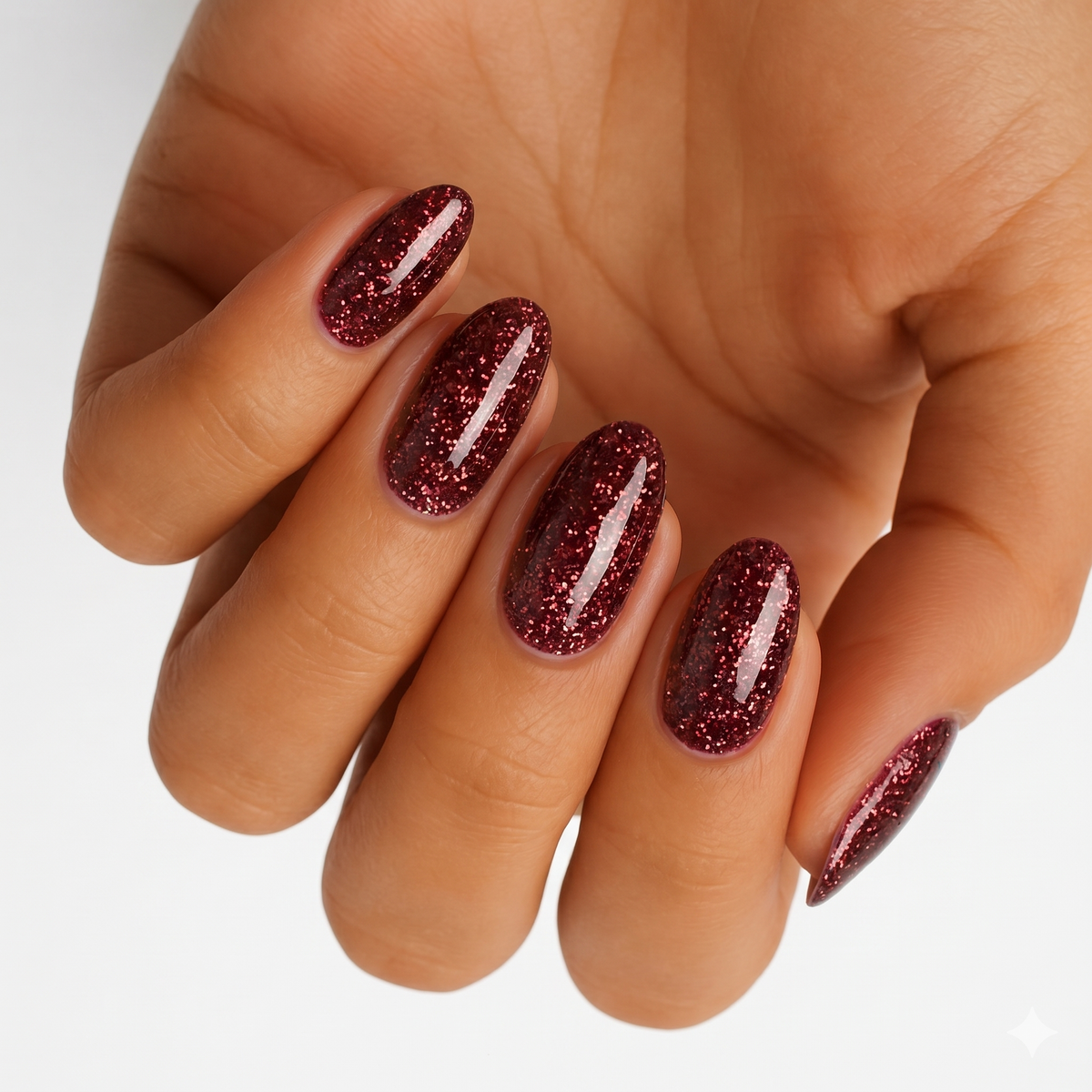 Deep burgundy red glitter nail wraps with glossy finish on almond-shaped nails