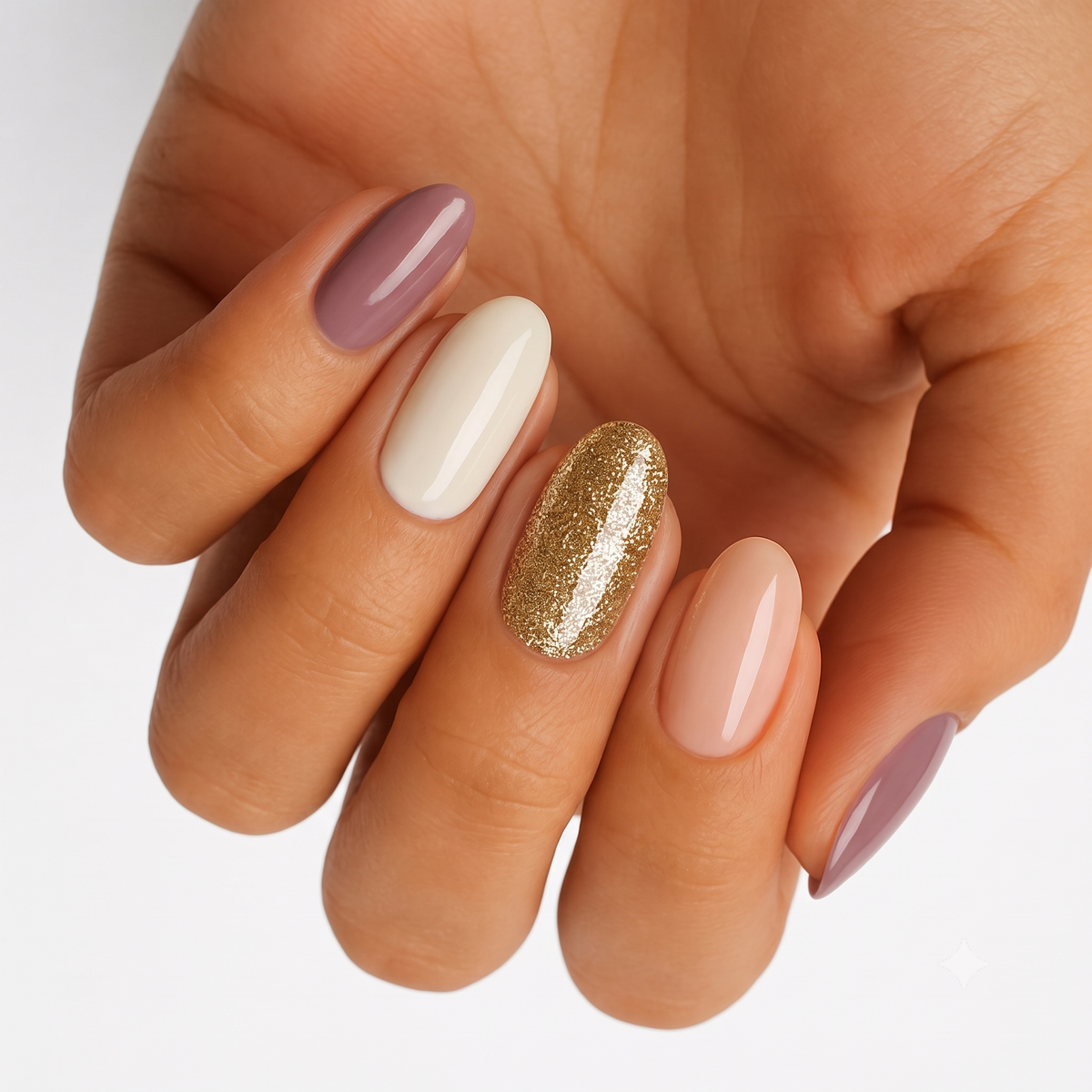 Nail wraps in mauve, ivory, nude and glossy gold glitter accent nail combo