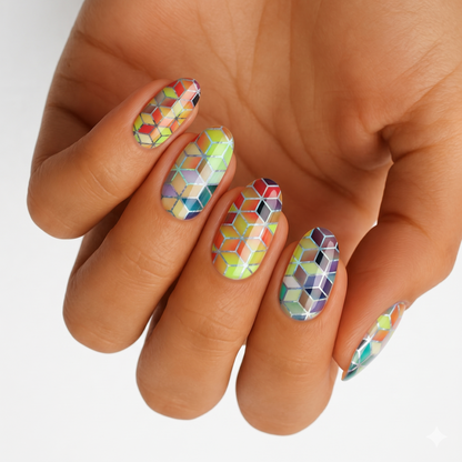 Multicolour 3D cube geometric pattern nail wraps with glossy finish on oval nails