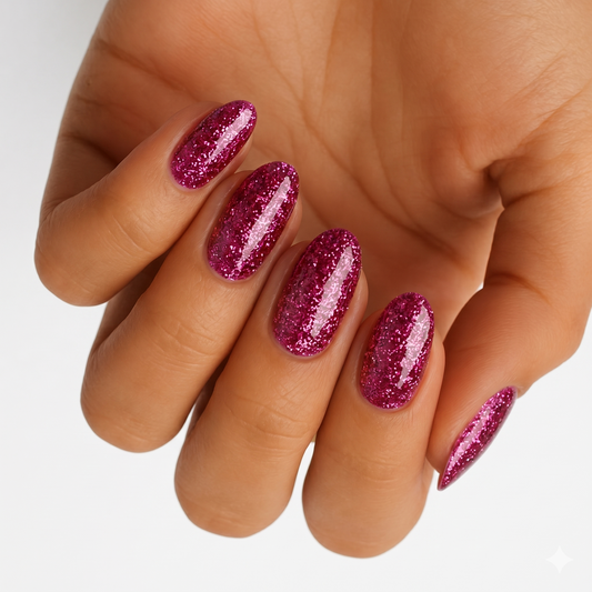 Magenta-pink glitter nail wraps with high-shine finish on an oval shape