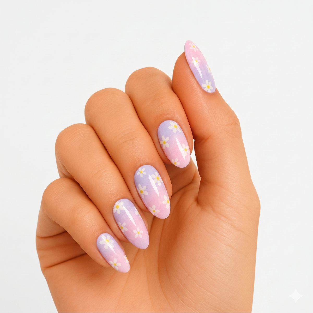 Semi-cured gel nail wraps, pink-to-lilac ombré with glossy finish and white daisy florals