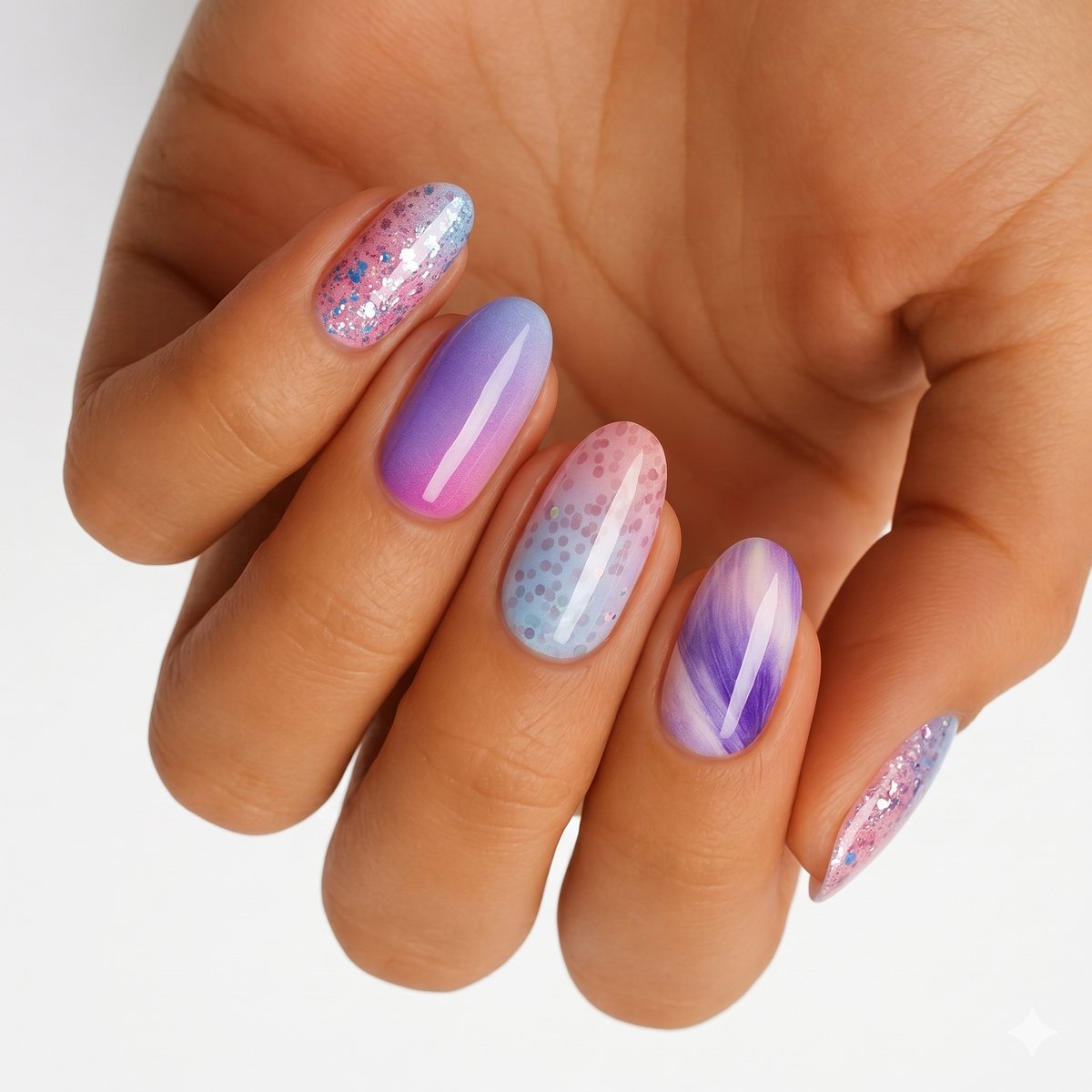 Pink and purple glitter and ombre nail wraps with marbled swirl accents, glossy finish