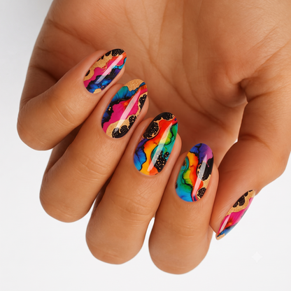 Multicolor nail wraps with black marble, gold foil edges, and rainbow galaxy design