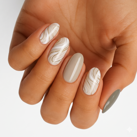 Glossy nail wraps with beige-white marble swirls, gold lines, solid taupe and sage accents.