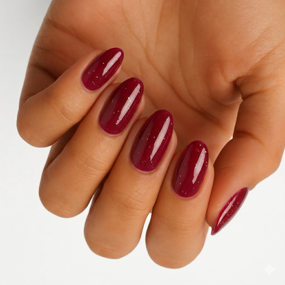 Deep burgundy nail wraps with fine glitter flecks, glossy finish on almond-shaped nails