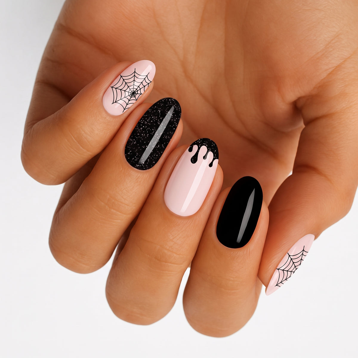 Holy Classics nail wraps: pink and glossy black with spider web and drip design