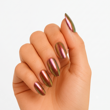 Almond-shaped semi-cured gel nail wraps in a pink-to-green colour-shifting chrome finish