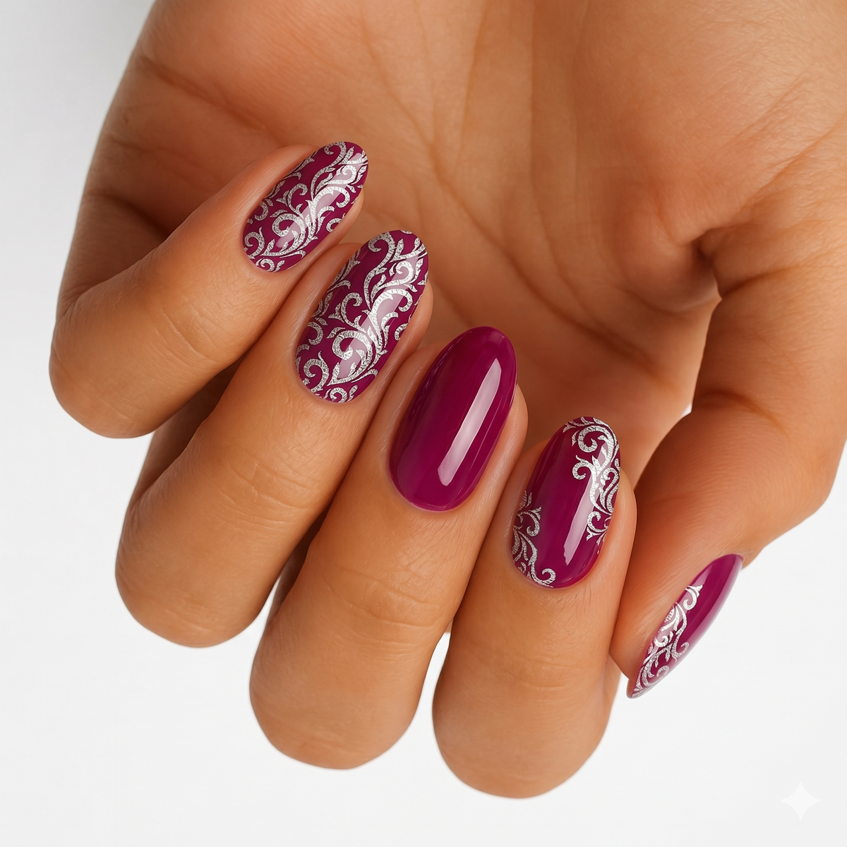 Magenta glossy nail wraps with silver baroque scroll filigree design