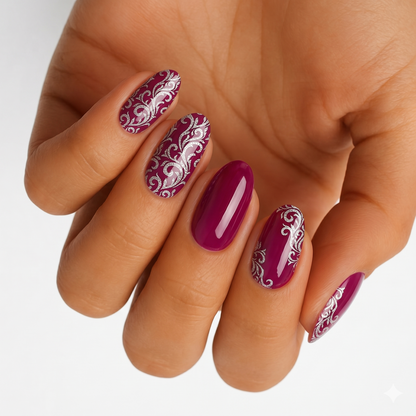 Magenta glossy nail wraps with silver baroque scroll filigree design