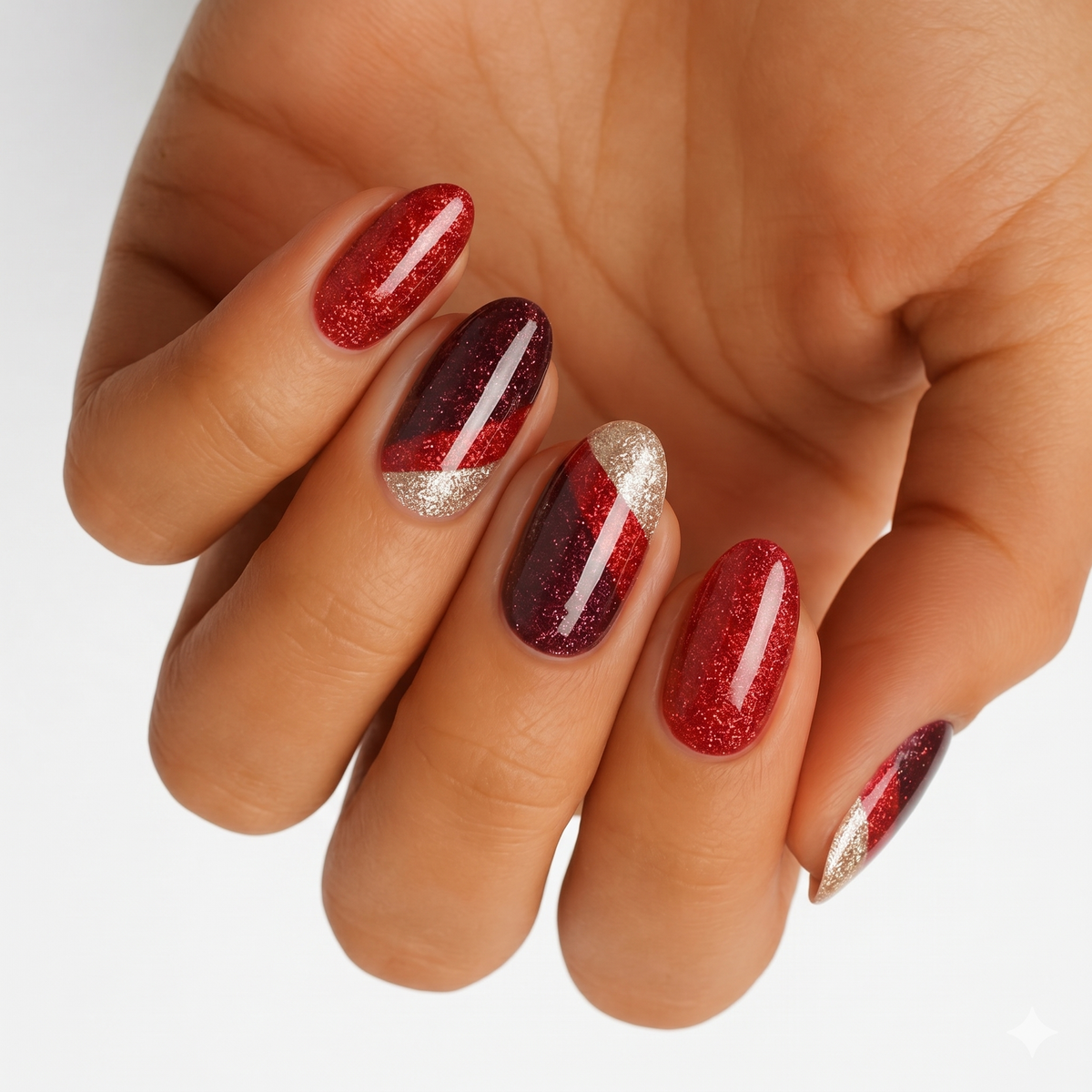 Red glitter nail wraps with dark burgundy colour-block accents and gold diagonal stripe detail