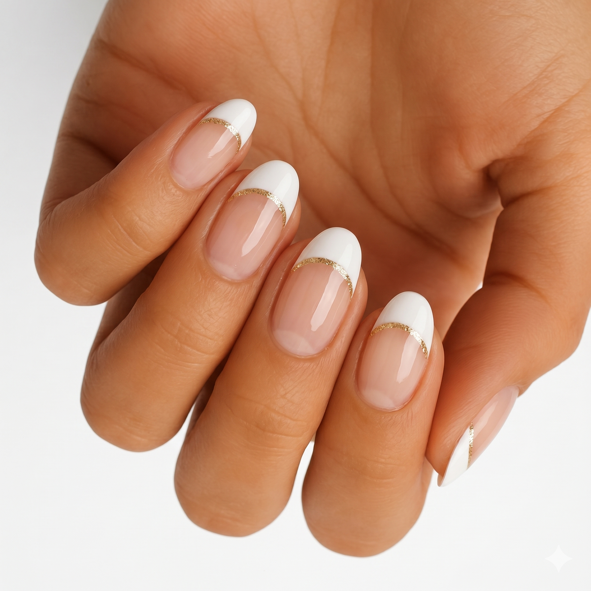 White French tip nail wraps with gold glitter line accent on a sheer nude base, glossy finish