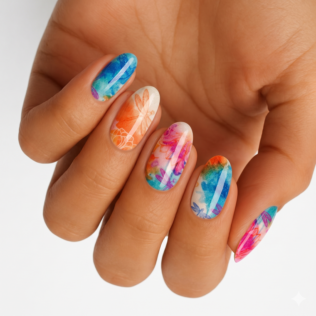 Holy Classics nail wraps with watercolour tie-dye design, dragonfly and floral motifs