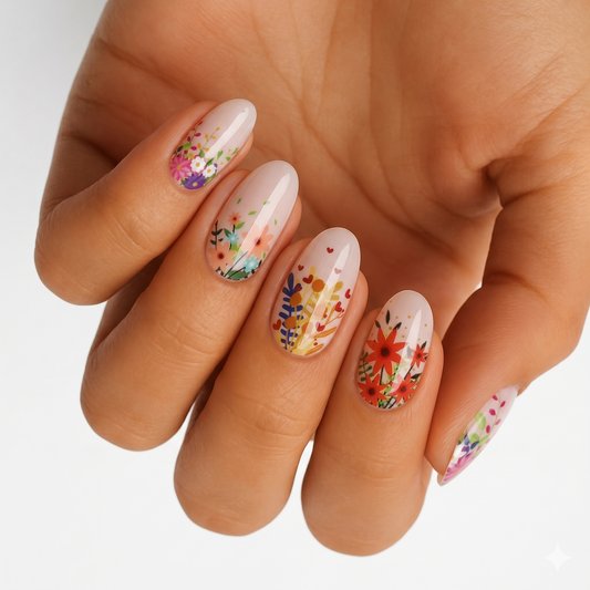 Sheer nude nail wraps with colourful wildflower bouquet designs and glossy finish