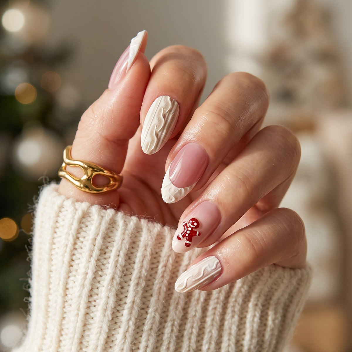 Soft gel press-on nails with cream cable-knit French tips and gingerbread man accent