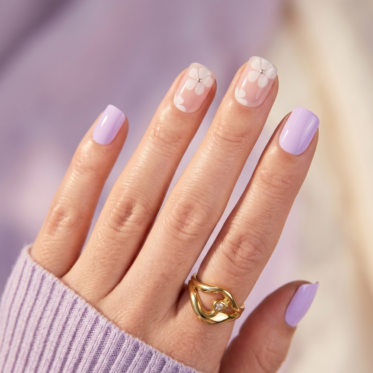 Lilac glossy nail wraps with sheer white daisy floral accent nails