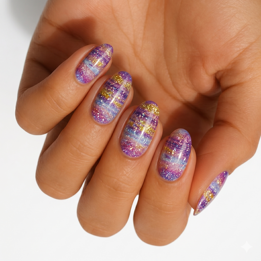 Purple, pink and blue galaxy-print nail wraps with gold glitter streaks, glossy almond shape.