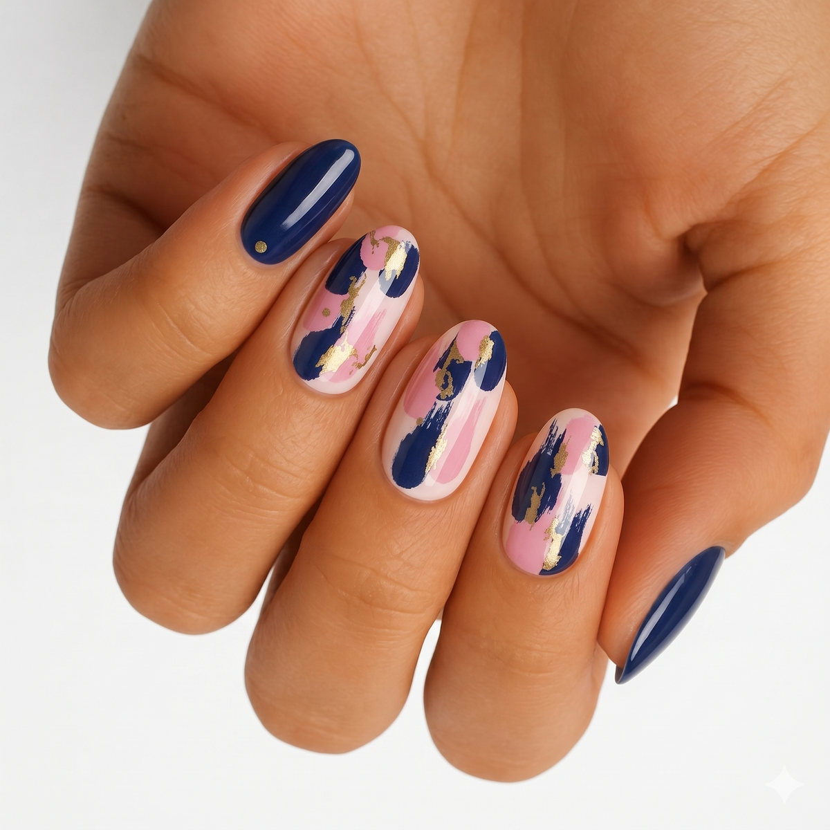 Navy blue gloss nail wraps with pink, navy and gold foil abstract brushstroke accents
