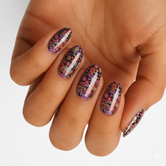 Black nail wraps with multicolor ditsy floral print and holographic glitter accent stripe.
