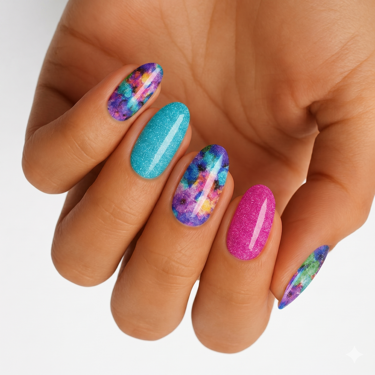 Holy Classics nail wraps with tie-dye floral print and teal, pink glitter accent nails