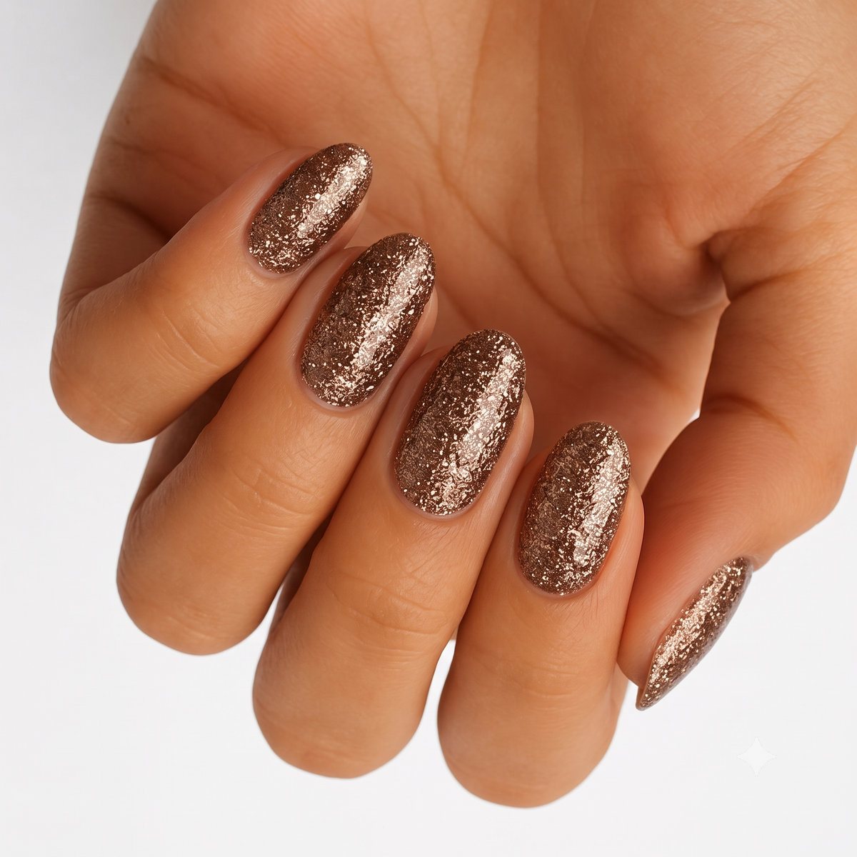 Bronze metallic foil-effect nail wraps with textured glitter finish on almond-shaped nails