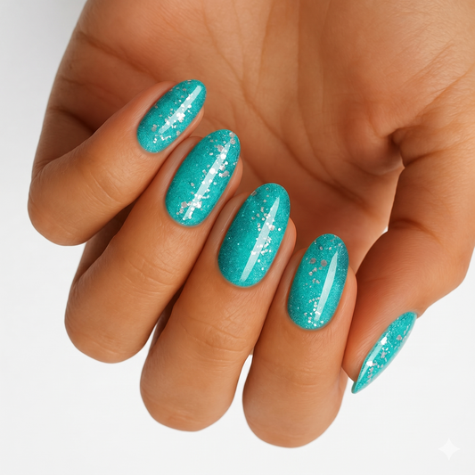 Teal nail wraps with shimmer finish and scattered silver glitter accents