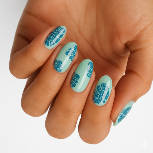 Mint green nail wraps with teal and white tropical monstera leaf design, glossy finish