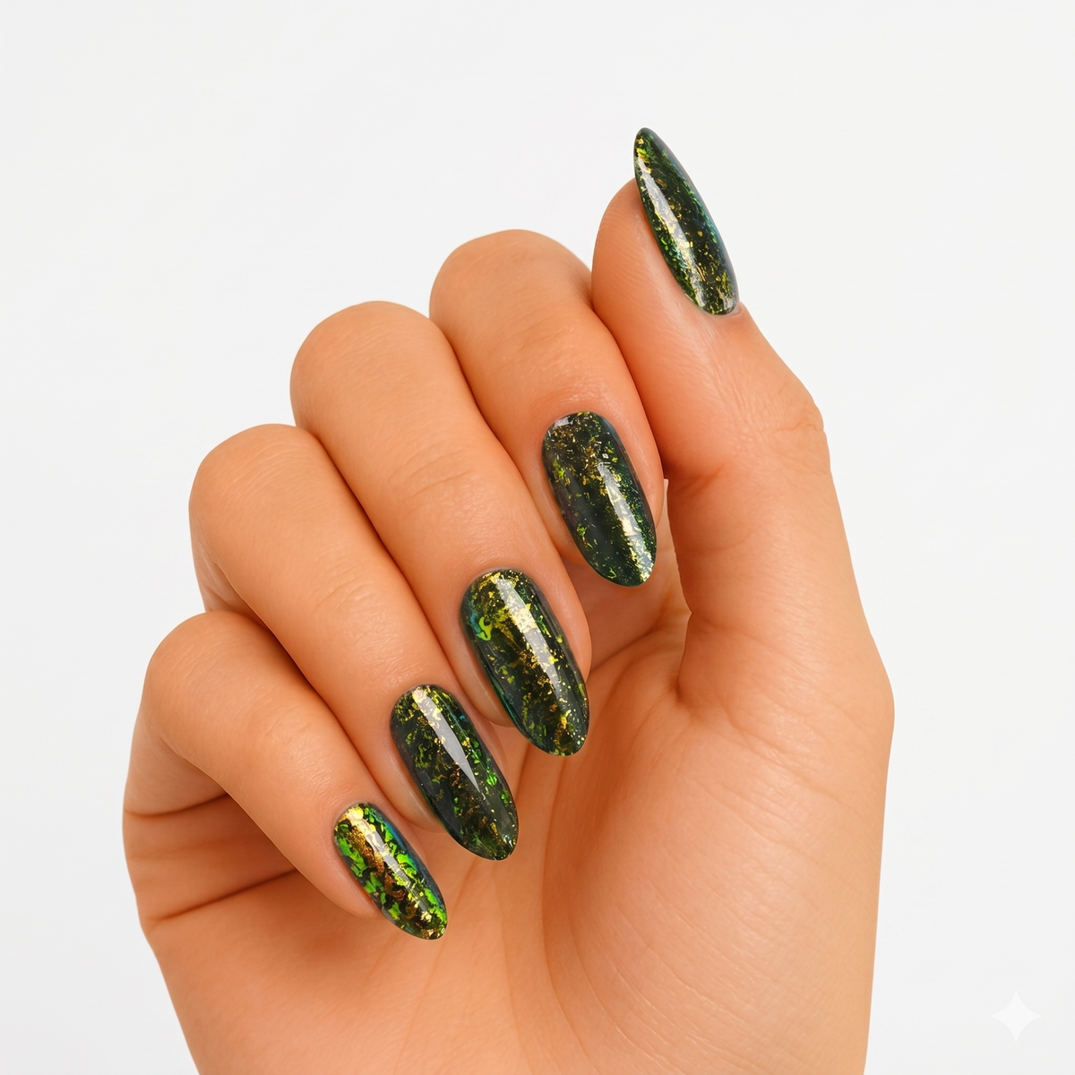 Dark green semi-cured gel nail wraps with gold and green foil flake accents, glossy finish