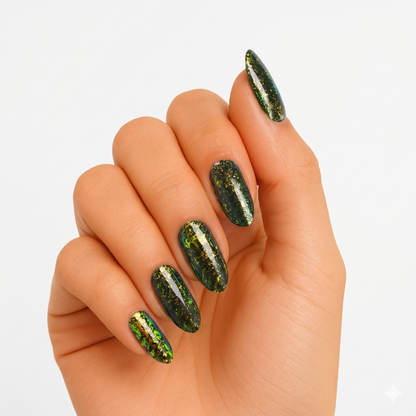 Dark green semi-cured gel nail wraps with gold and green foil flake accents, glossy finish