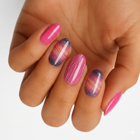 Pink nail wraps with purple-orange glitter ombré and fine linear streak accents