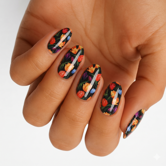 Glossy black nail wraps with colourful painted tulip floral design, almond shape