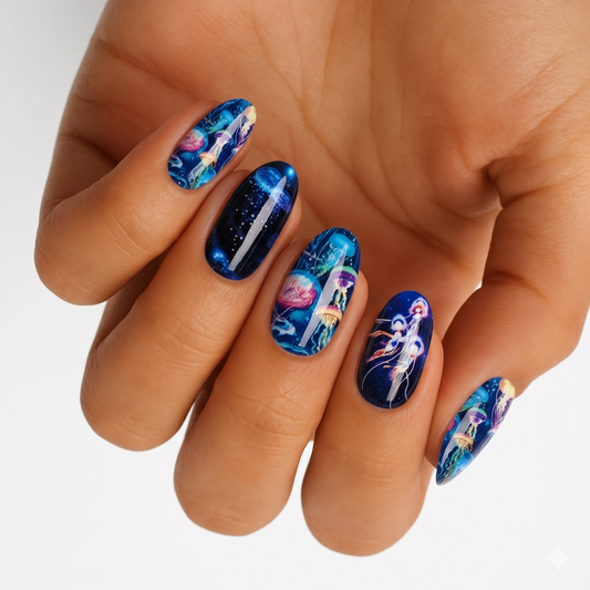 Navy blue nail wraps with glowing jellyfish design and shimmering starry accent nail