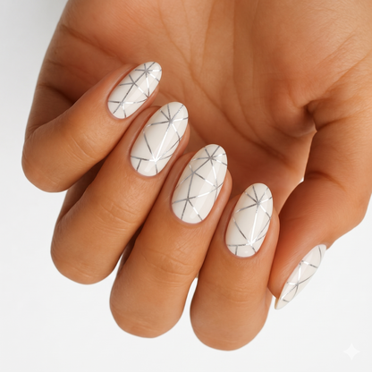 Nude nail wraps with silver metallic geometric line pattern, glossy finish