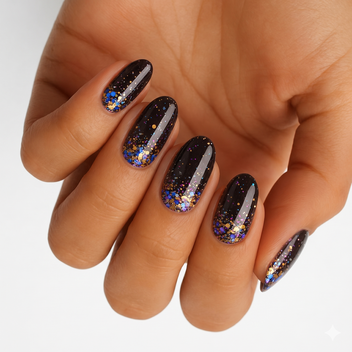 Black glossy nail wraps with blue, gold, and purple chunky glitter at the tips