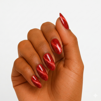 Red glitter cat-eye semi-cured gel nail wraps on almond-shaped nails, glossy finish.