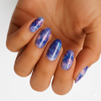 Holy Classics non-UV nail wraps in blue-purple watercolour with pink floral accents